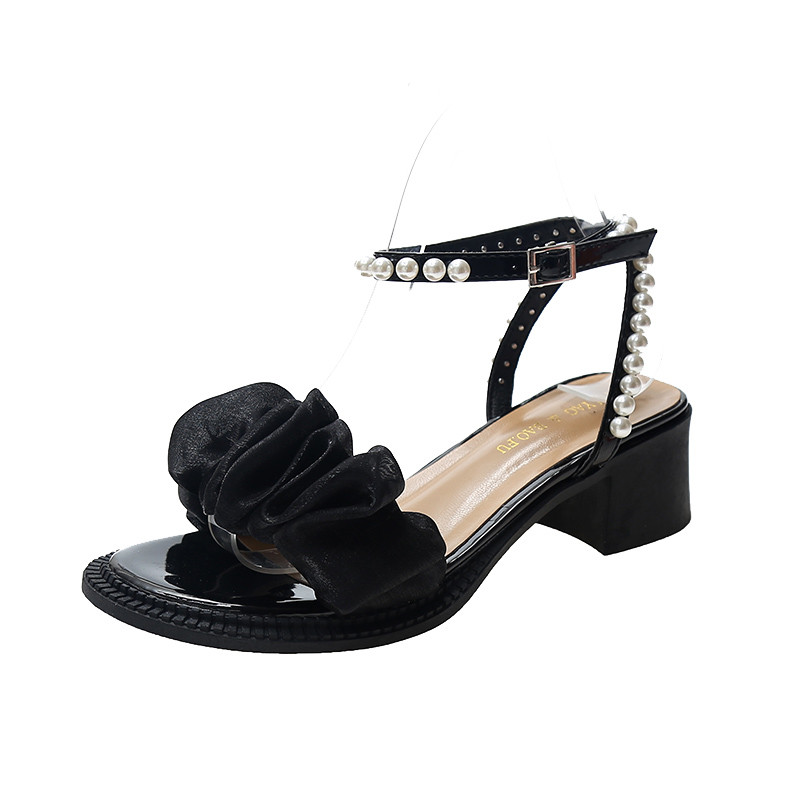 Beige Heeled Sandals Comfort Shoes for Women Med 2022 Summer Buckle Strap Black Medium Low Block Bow Clear High New Fashion