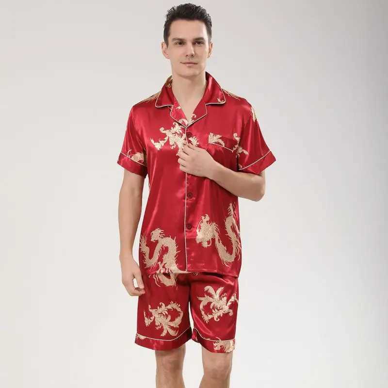 Men Pajamas Suit Print Dragon Sleepwear Satin 2PCS PJS Set Lapel Shirt Shorts Lounge Wear Summer Button-down Nightwear Lingerie Y240913