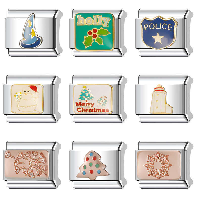 New Women's Gift Christmas Deer Snowflakes Bead Italian Charms Links Bangle Beads Fit 9mm Stainless Steel Bracelet Making DIY For Women Fashion J