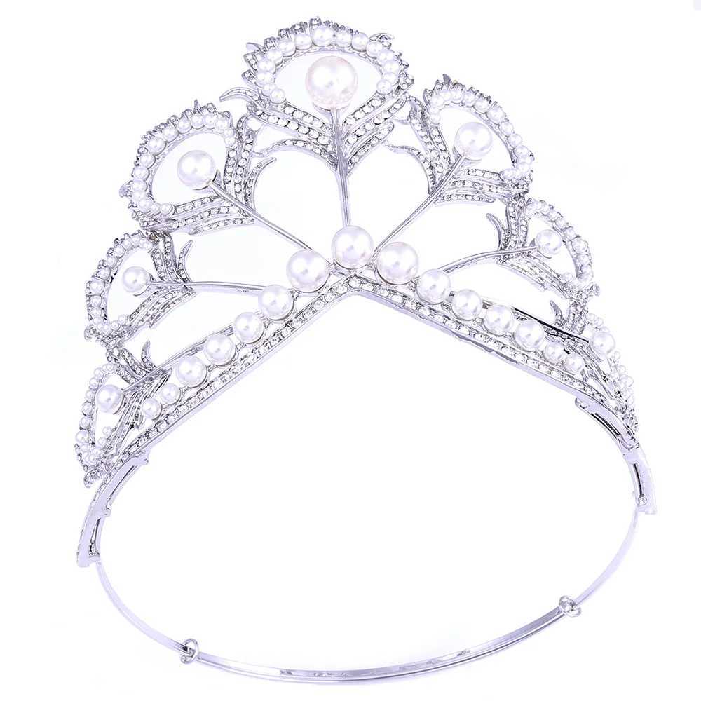 Luxury Miss Universe Crown Round Wedding Pearl Crown Peakcock Feather Tiara Rhinestone Pageant Prom Crowns CZ Coroa NoviaX240913