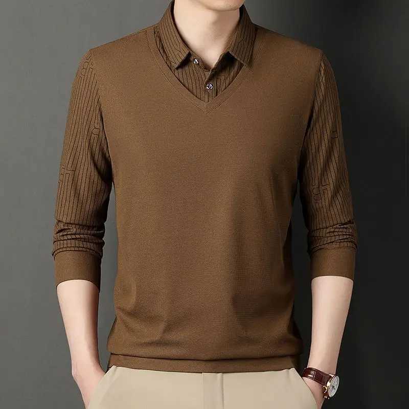 Fashionable mens retro long sleeved striped polo shirt spring and autumn basic mens dress casual top W240913