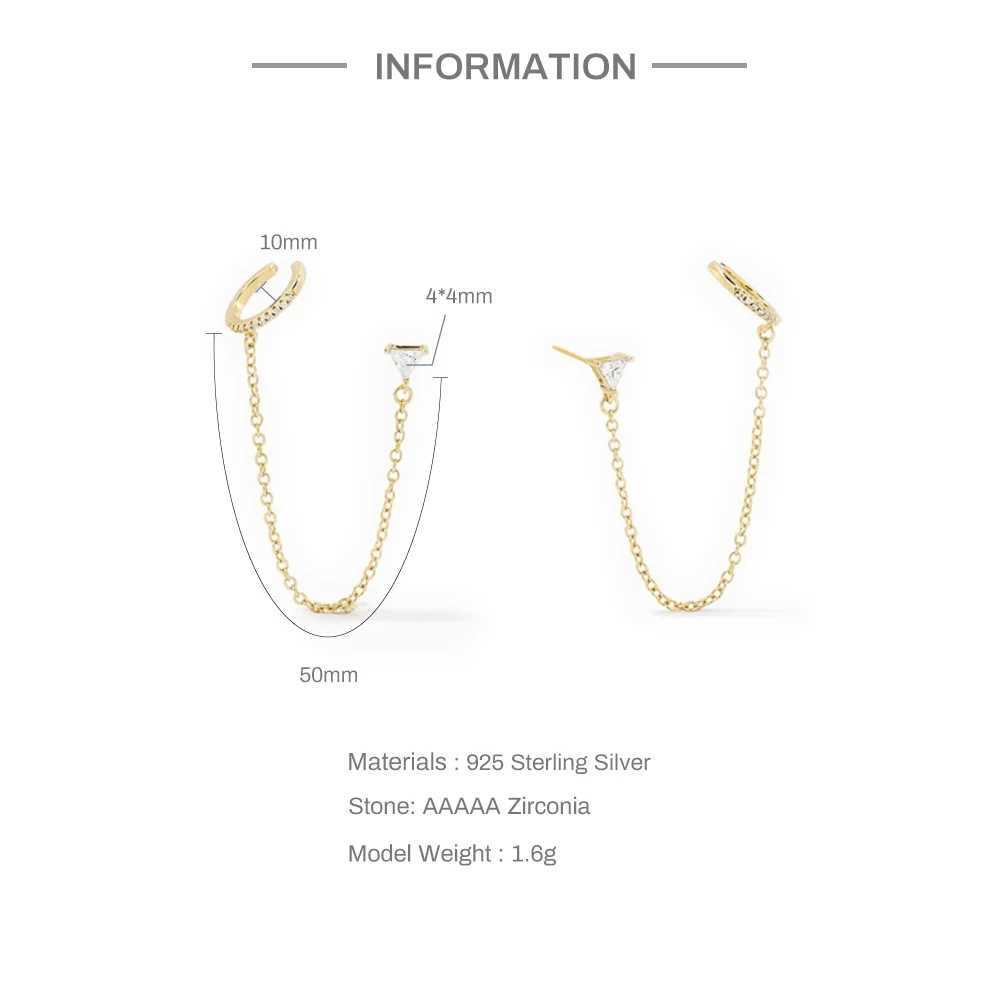 Aide 925 Sterling Silver Clear CZ Zircon Pave Ear Cuffs With Long Chain Tassel Triangle Crystal Piercing Studs For Women JewelryX240913