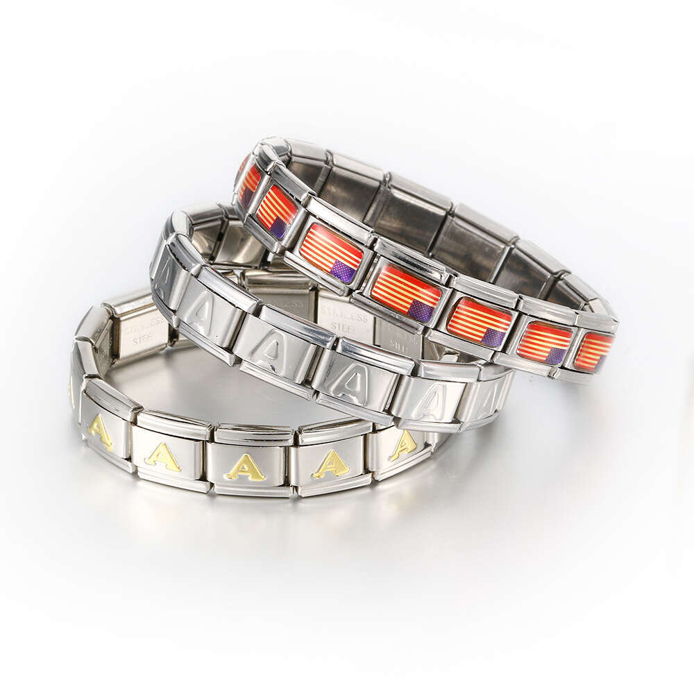 Whole Stamped Pattern Beads Bracelet Square Elastic Titanium Steel Strap Chain Italian Charm Links Stainless Steel Fit 9mm Bracelet Jewelry DIY Making