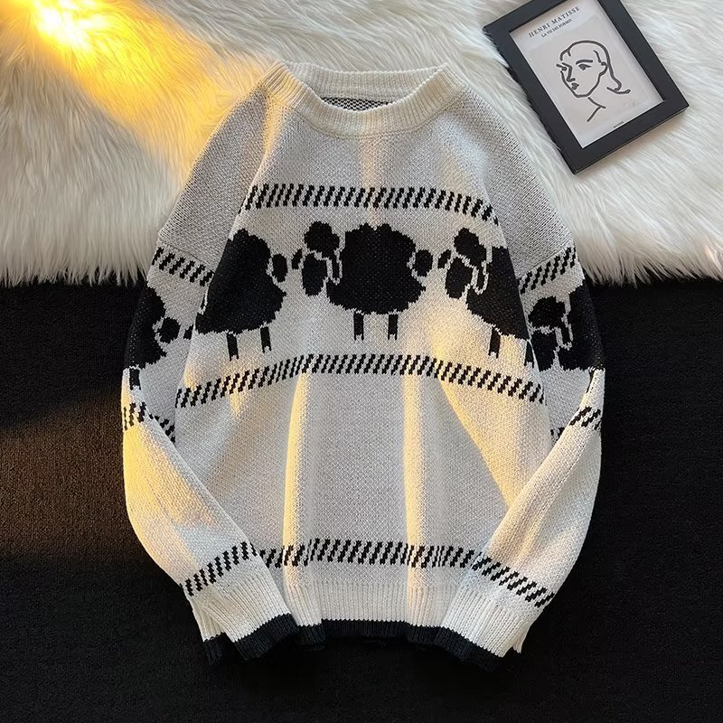 Men Sweaters Autumn and winter new student lazy style retro jacquard sweater Korean version couple knitted sweater jacket trendy Mens crew neck sweate