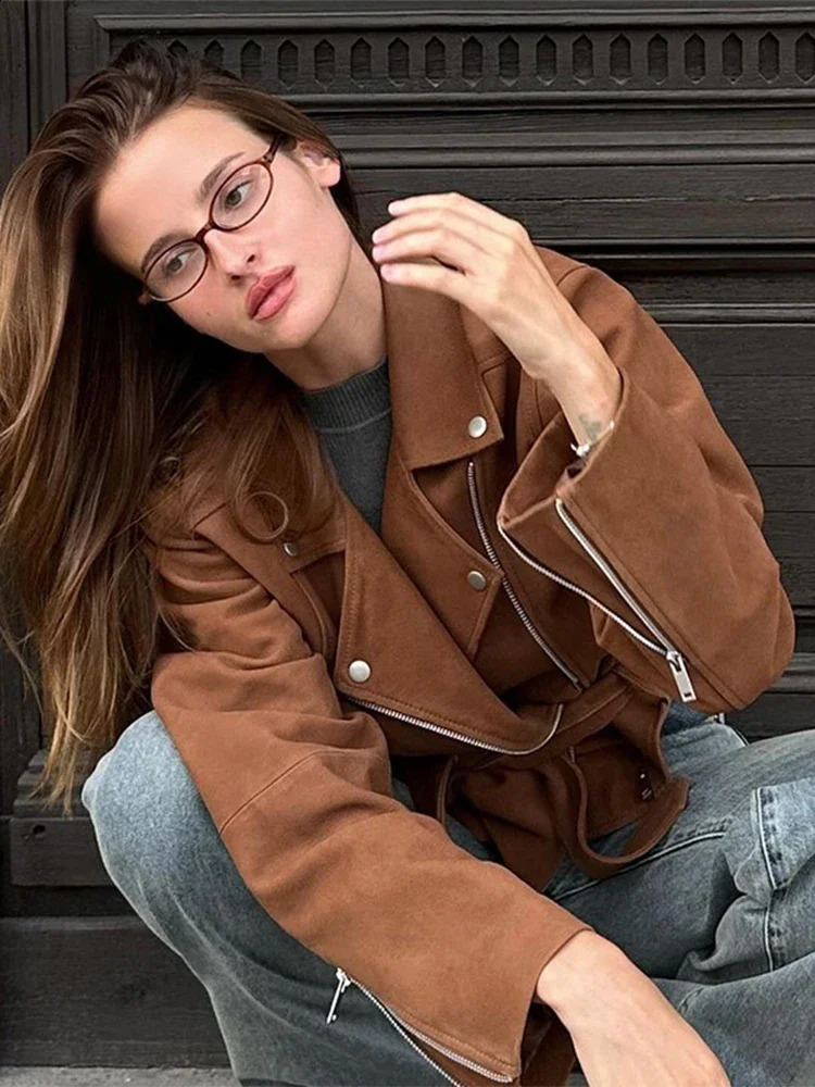 Women Fashion Lapel Diagonal Zipper Short Jacket With Belt Elegant Solid Long Sleeves Pocket Crop Coat Autumn Chic Lady Outwear 240911