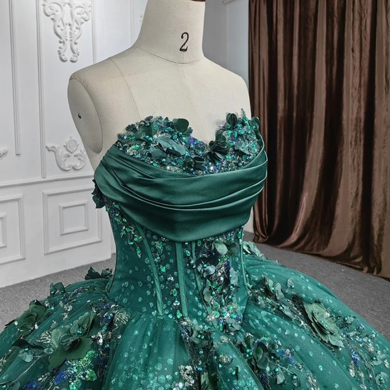 Blackish Green Shiny Off The Shoulder Ball Gown Quinceanera Dresses Birthday Party Applique Flower Beads Tull Sweet 16 Dress Vestidos 15 De Anos