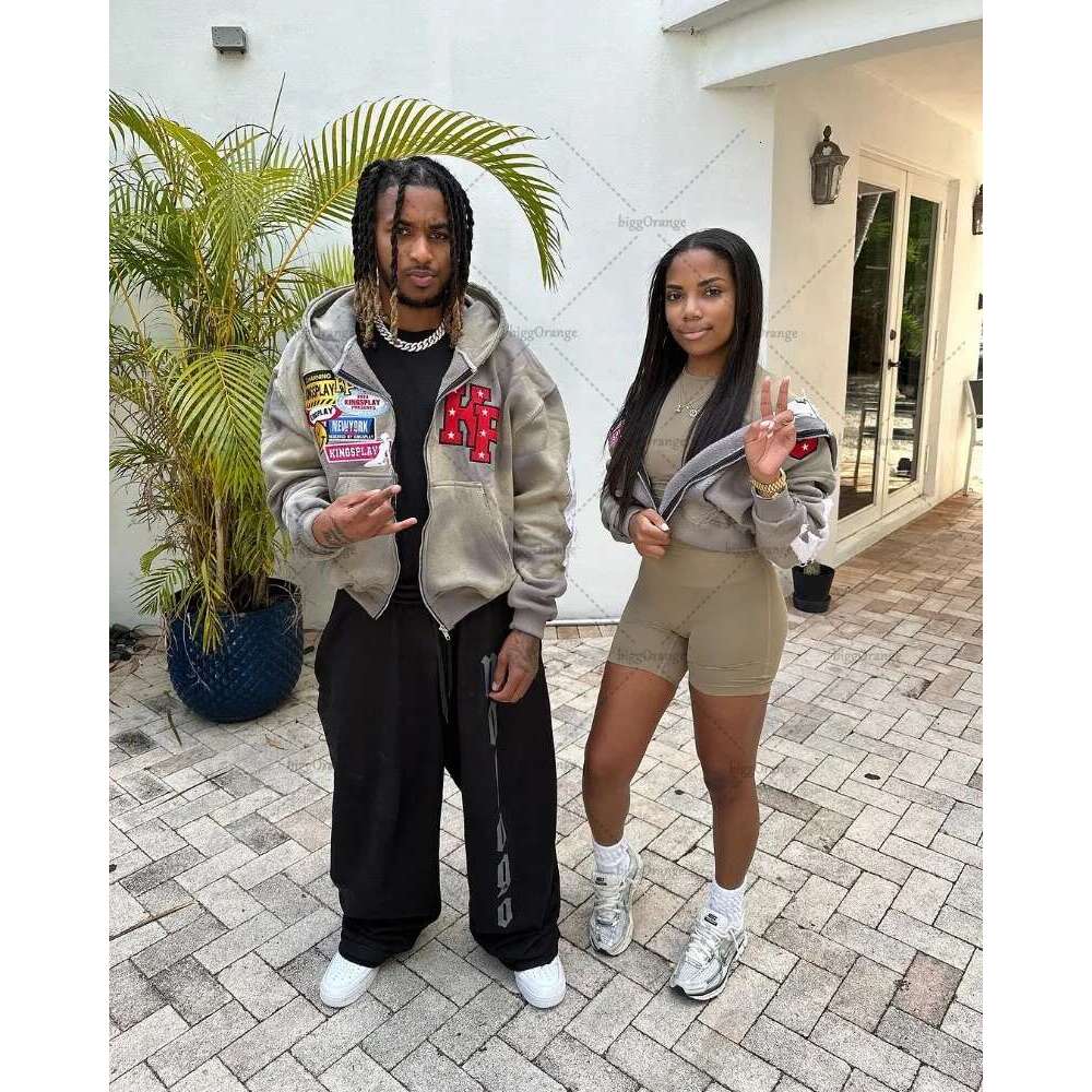 American Embroidered Oversized Hoodie Men Y2k High Street Fashion Brand Clothing Loose Retro Zipper Sweatshirt Women