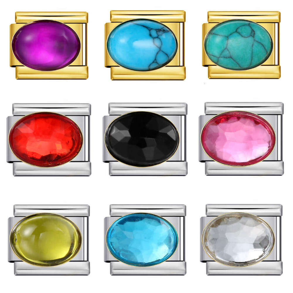 Stainless Steel Welding Elliptical Colored Stone DIY Elastic Bracelet Accessories Italian Charm Links Stainless Steel Fit 9mm Bracelet Jewelry DIY Mak