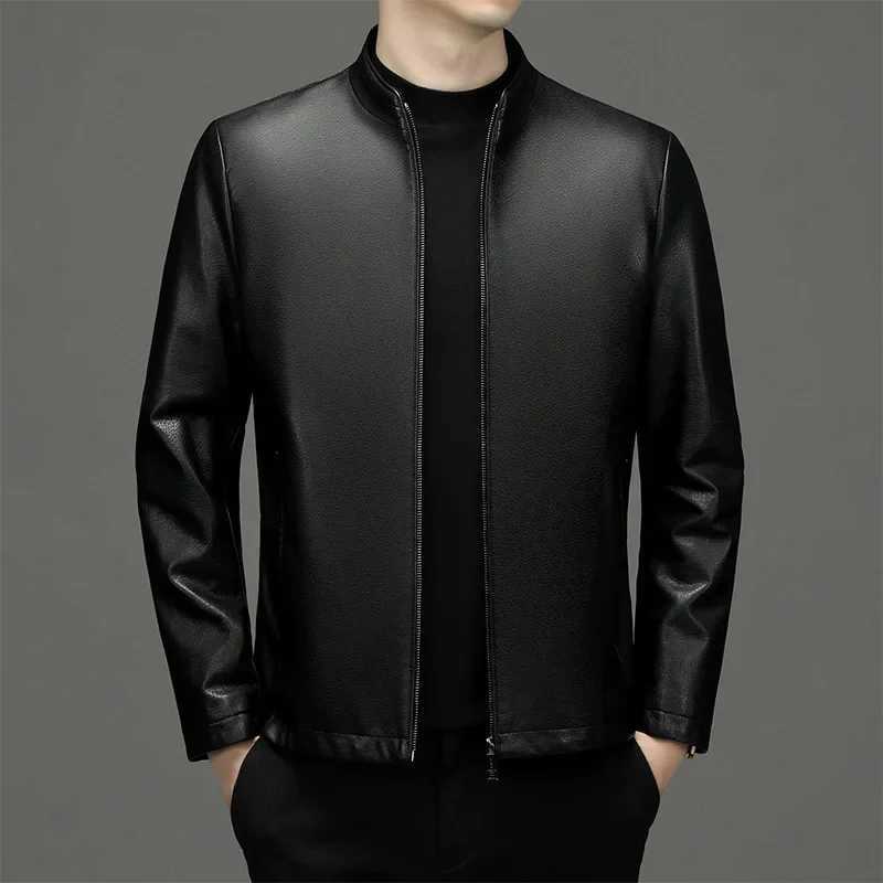 High Quality Men Leather Jacket Korean Fashion Mens Standing Collar Ecological Mens Clothing Popular Leather Coat OuterwearX240913