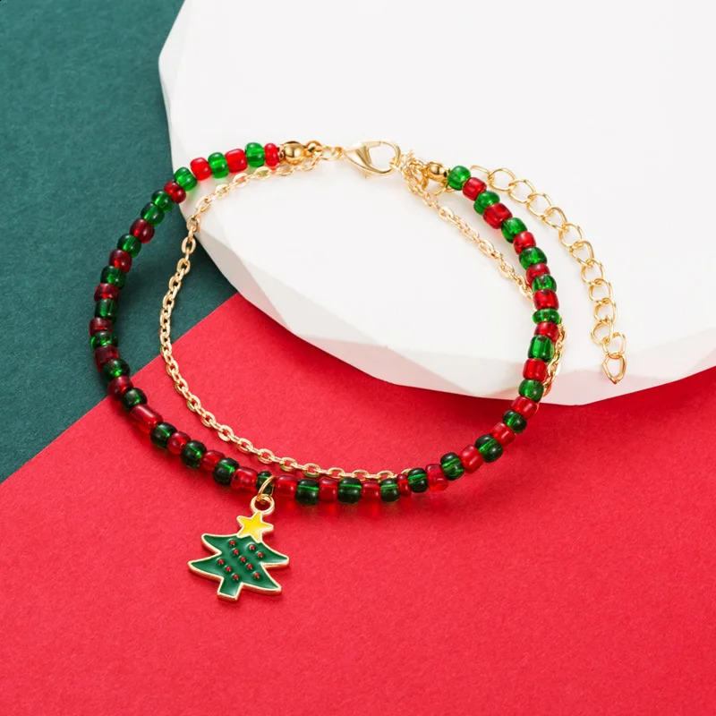 Fashion Red Bead Christmas Bracelet for Women Ethnic Alloy Cute Cartoon Drip Oil Party Gift Jewelry Wholesale 240912