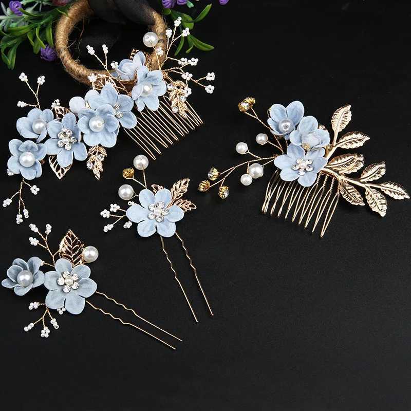 4pcs/set Luxury Pearl Flower Hairpin Side Comb Golden Leaf Shaped Alloy Tiaras Wedding Bride Hair Clips Hair Jewelry HeadwearX240913