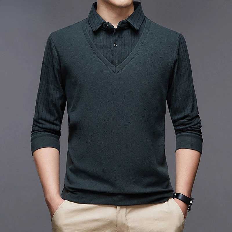 Mens fashionable plain polo shirt with spring and autumn long sleeves bottom collar splicing loose fitting and fake two mens business casual tops W240