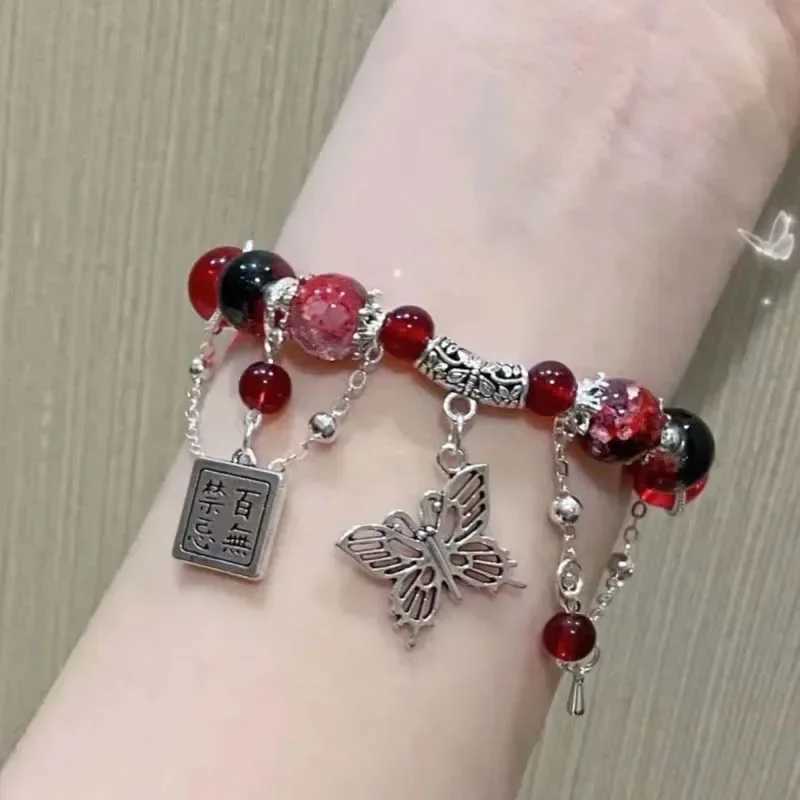Chinese style red bead bracelet female blessing butterfly Tassel chain pendant bracelet Gothic jewelry accessory gift W240913