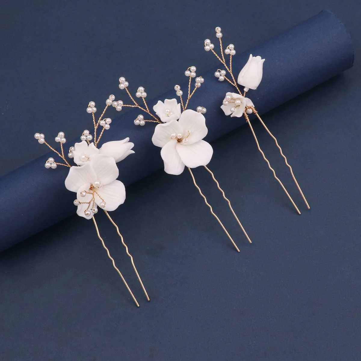 Simple U Shaped Hair Sticks Bride Wedding Headdress White Porcelain Flower Hairpins Hair Clips Bridal Jewelry Fairy HeadpiecesX240913