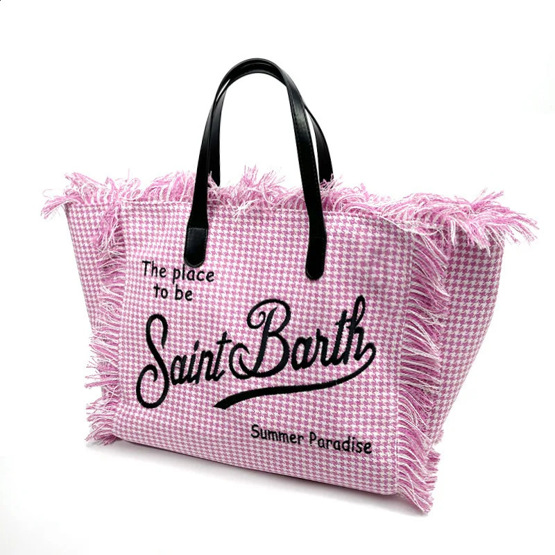 Fashionable Embroidered Letter Tassel Canvas Handbag Summer Beach Womens Bag Large Capacity Commuting Handbag Shopping Bag 240907