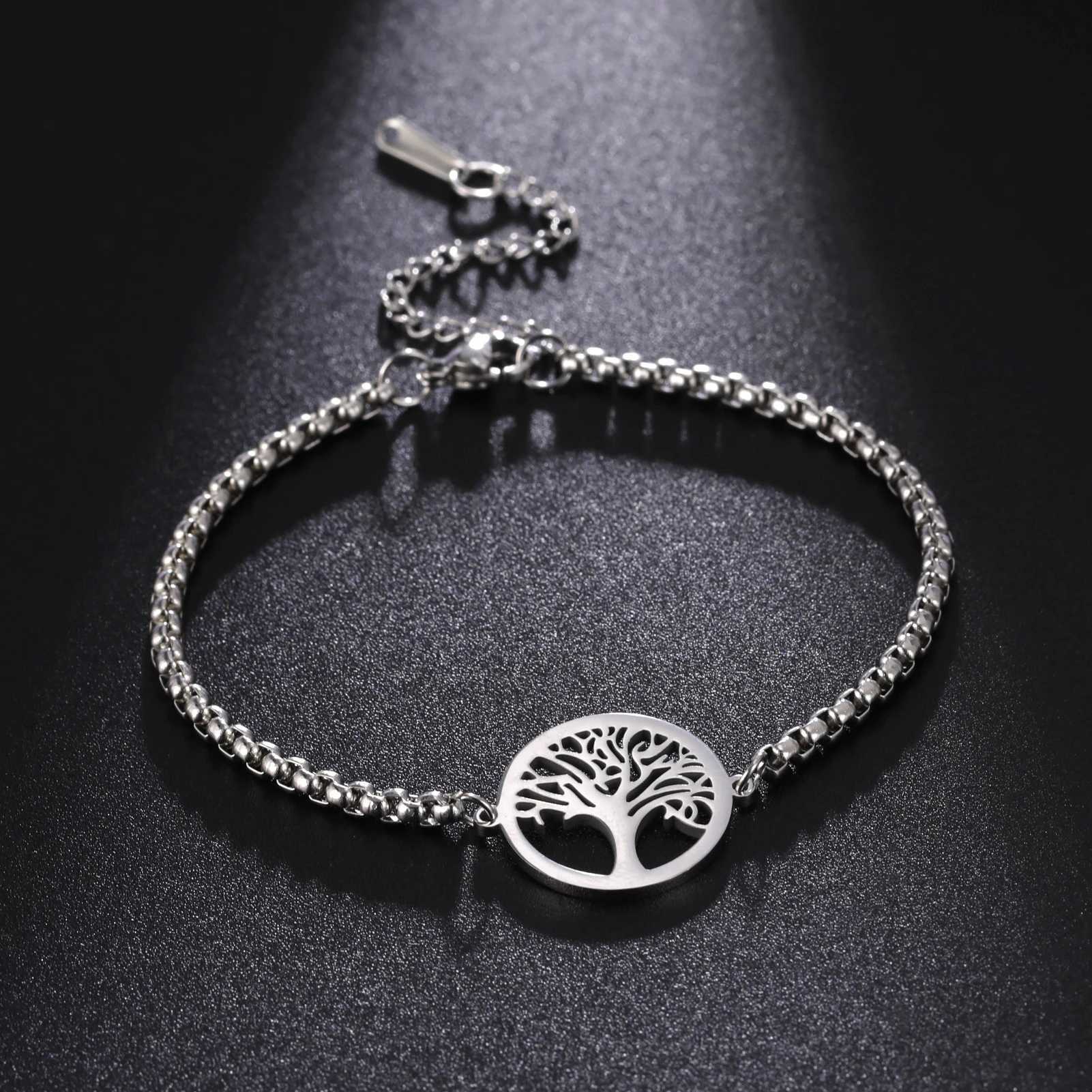 Hip Hop Stainless Steel Box Chain Bracelet Openworked Tree of Life Pendant Bracelet for Men Women Jewelry Party GiftX240913