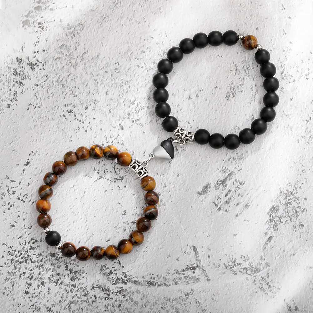 2PCS/Set Bead Bracelet Couple Natural Stone Distance Magnetic Heart Bracelet Mens Fashion Wedding Jewelry Gift W240913