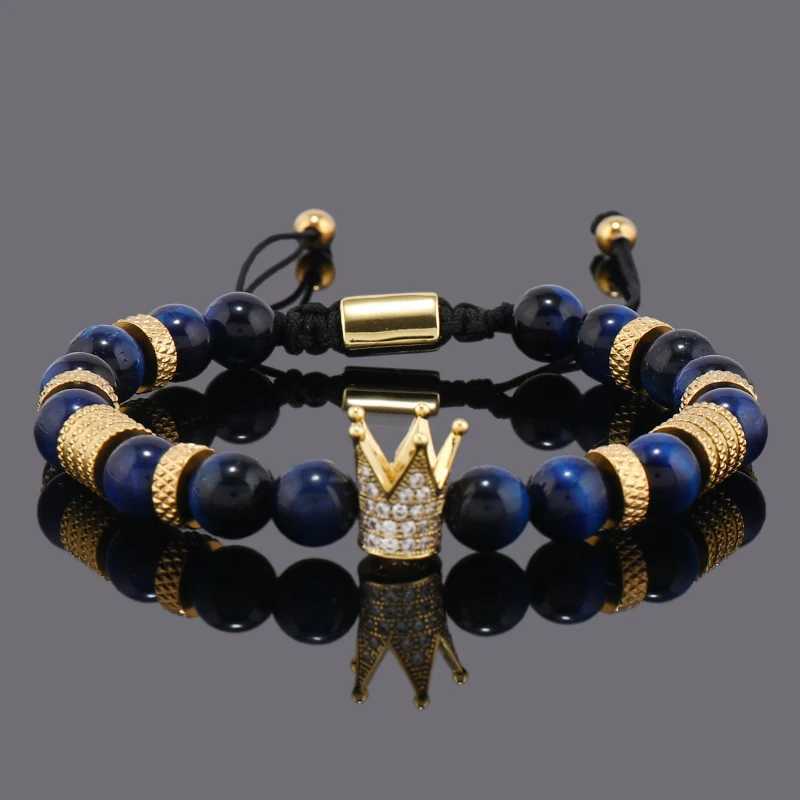 Luxury natural stone bead stainless steel crown charm mens bracelet women handmade jewelry gift W240913
