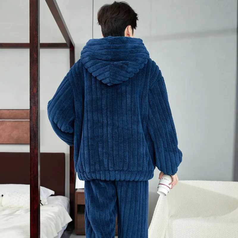 New Winter Mens Pajama Sets 2024 Thick Warm Hooded 2 Piece Homewear Set for Men Flannel Sleepwear Loose Long Sleeve Pajamas Men Y240913