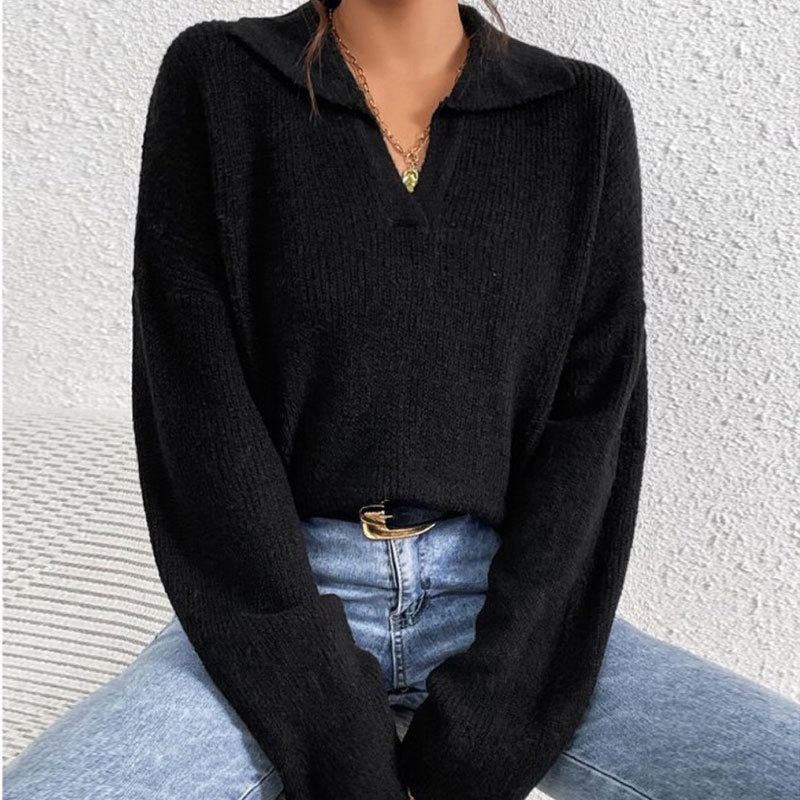 Autumn and winter fashion long sleeved lapel pullover top new women's knitted sweater