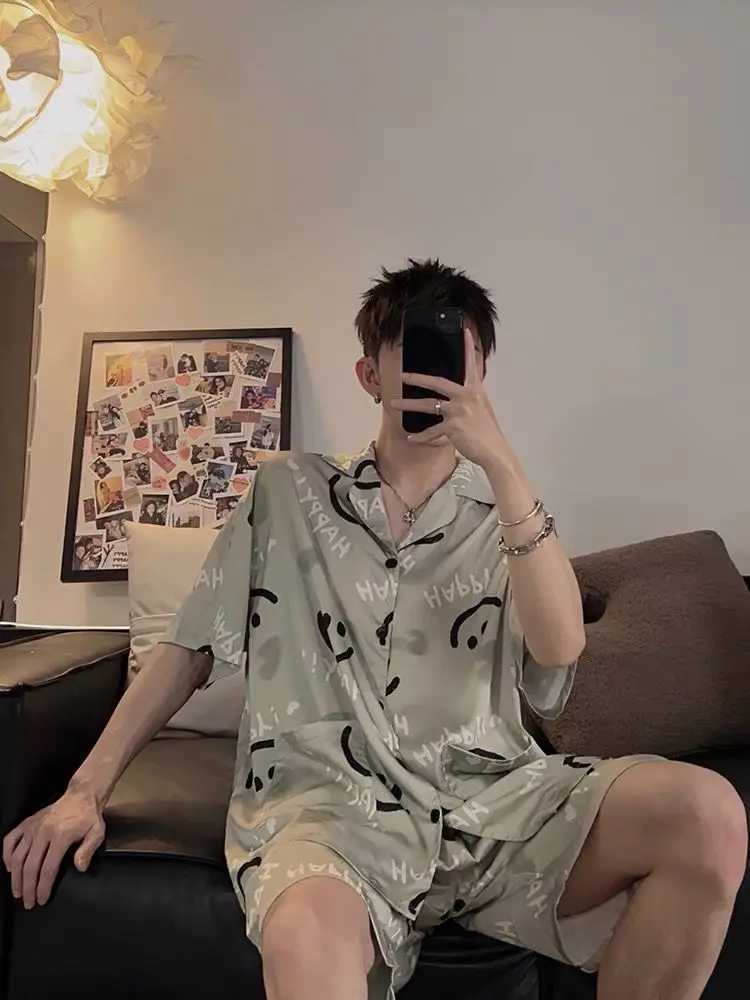 Pijamas Men Ice Silk Sleepwear Short Sleeve Tops Cardigan Shorts Two-piece Sets Summer Loungewear Casual Pajamas Sets New Y240913