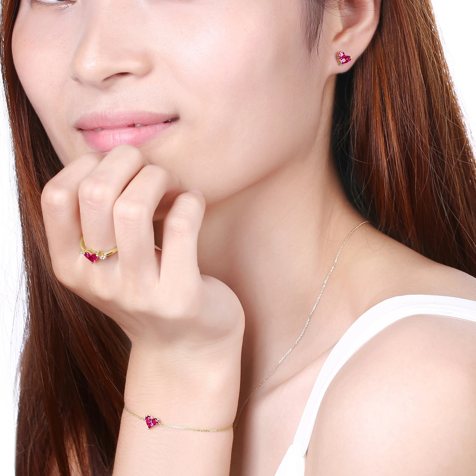 Allnoel Solid 9K14K18K gold earrings suitable for women red corundum heart sweet and romantic anniversary gift handmade jewelry 240912