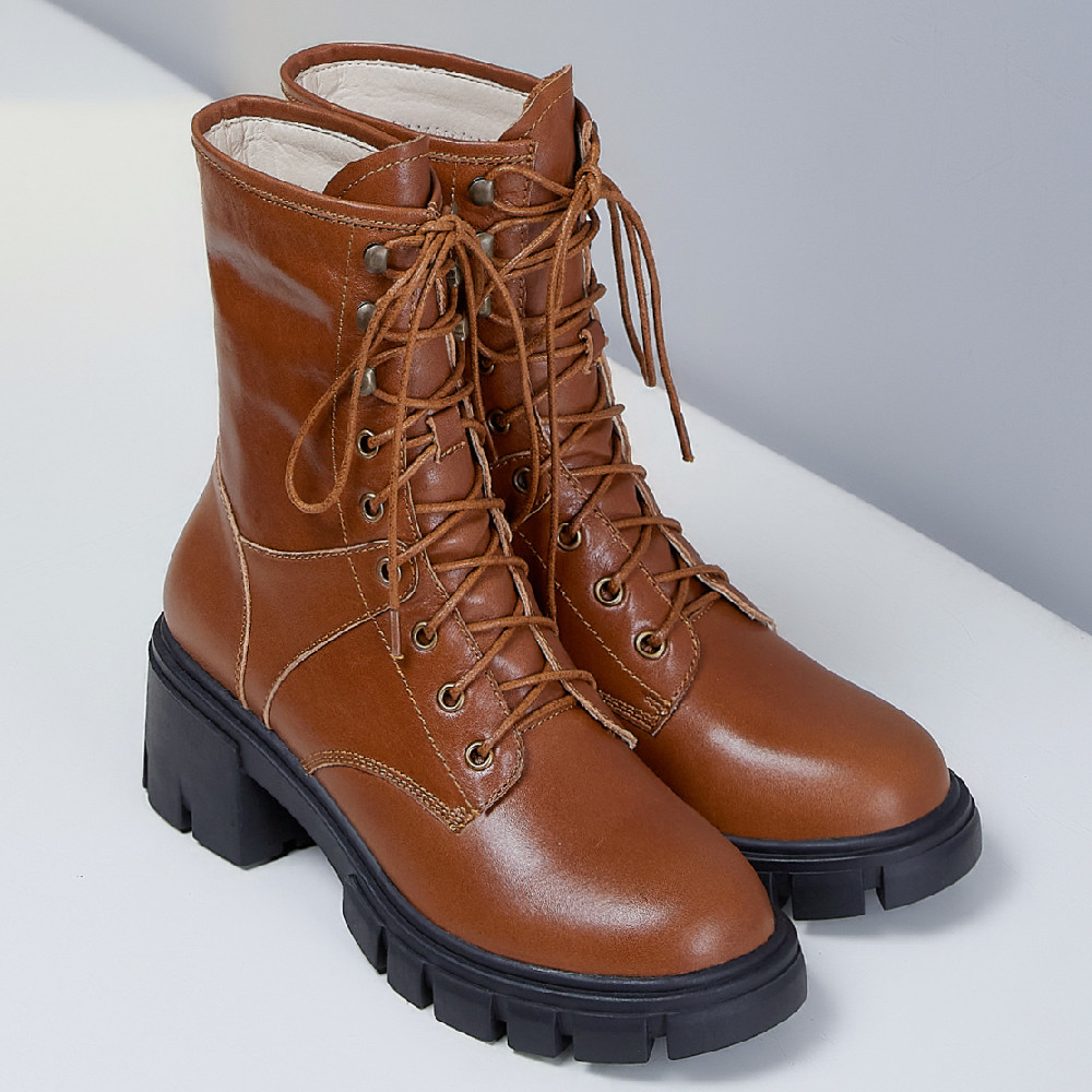 genuine Women's leather chunky heel platform autumn ankle round toe lace-up motorcycle punk martin short boots shoes efe1