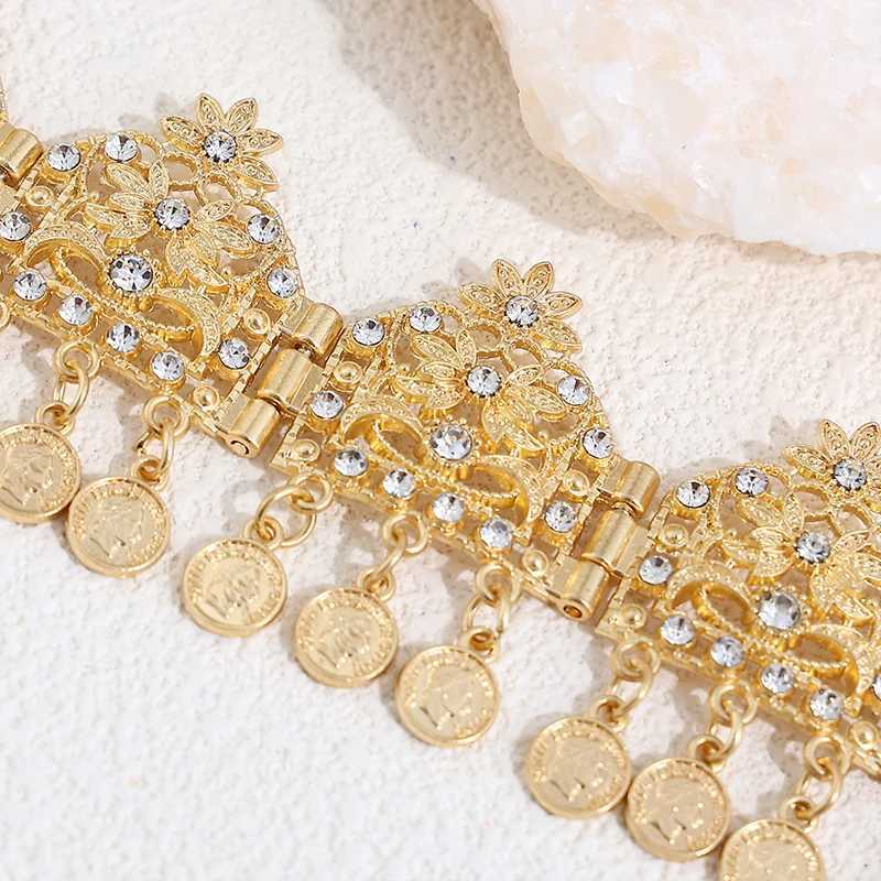 Algerian Women Hair Ornament Gold Plated With Rhinestones Plant Style Turkish Coin Arabic Headchain Wedding Party Valentine GiftX240913
