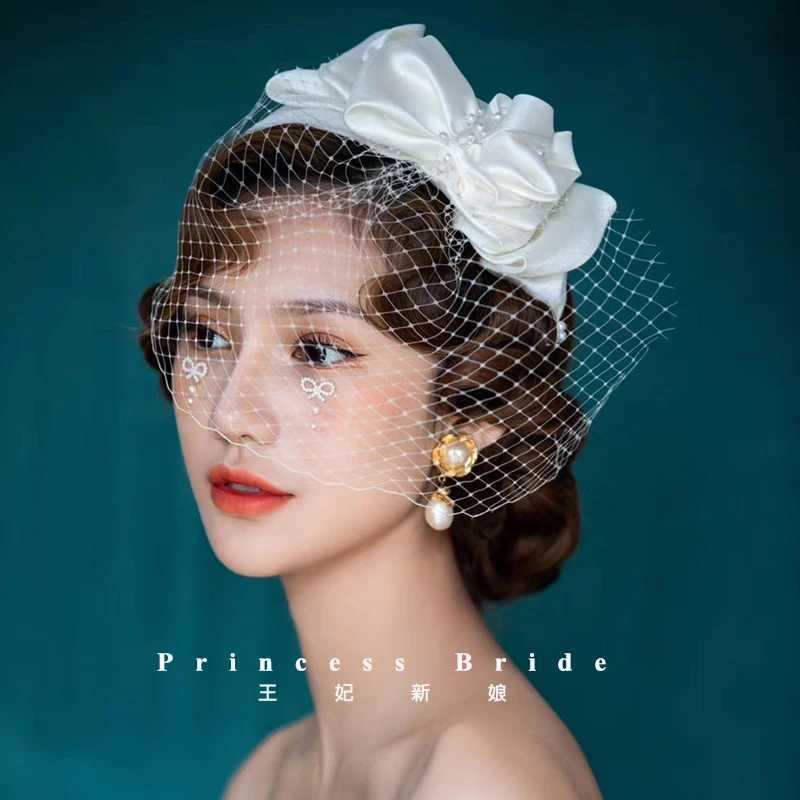 Vintage Champagne Mesh Bow Headband Bridal Headdress wedding hair AccessoriesX240913