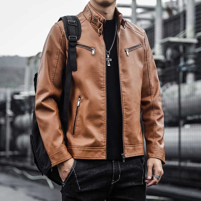 Autumn New Men Casual Fashion Stand Collar Slim PU Leather Jacket Solid Color Leather Jacket Men Anti-wind Motorcycle S-4XLX240913