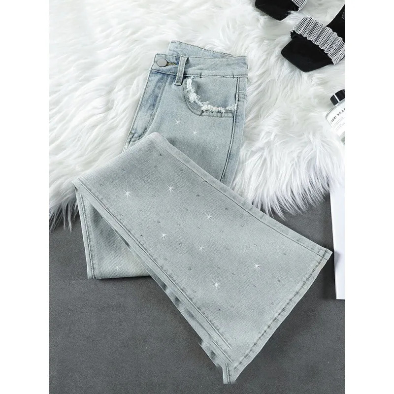 2024 New Summer Thin High-waisted Jeans Women's Bell-bottom Pants Rhinestone Micro-flared Style Light Color Ladies
