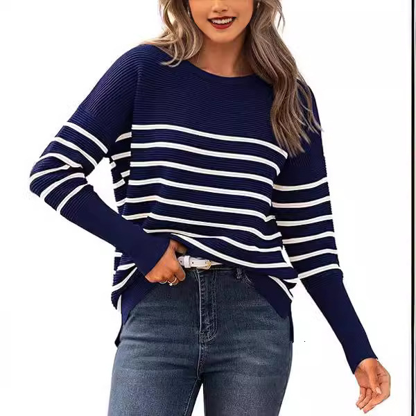 2024 Autumn/Winter New Knitwear Women's Casual Striped Round Neck Sweater
