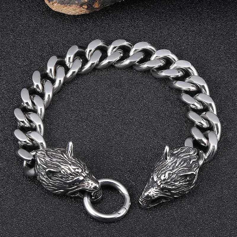 Punk Domineering Fierce Double Wolf Head Bracelet Cuban Chain Mens Personality Rock Trend Party Jewelry GiftX240913