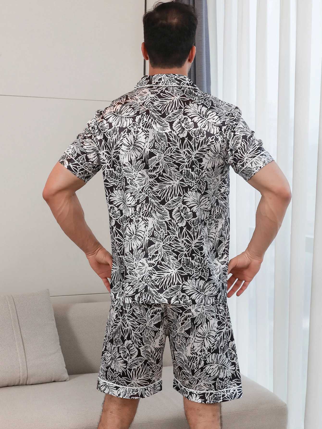 Two piece sets for mens pajamas summer short sleeved shorts leaf pattern printed home clothes sleepwear set Y240913