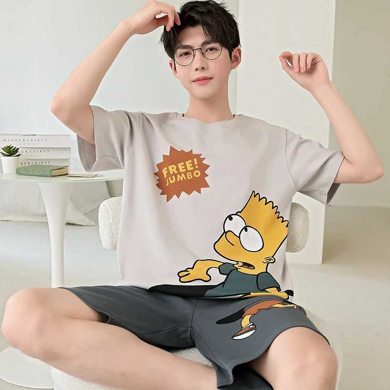 2024 Summer Mens Sleepwear Cotton Cartoon Pajamas Sets For Man Short Loungewear Young Home Wear Fasion Student Pyjama Set Homme Y240913
