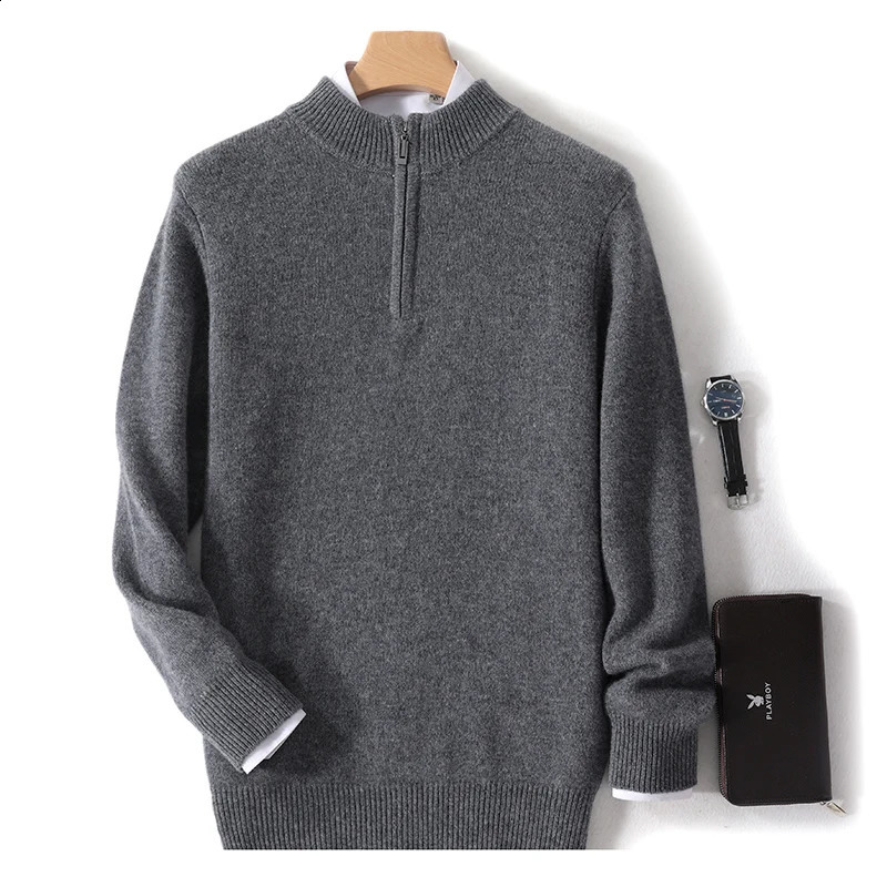 100% cashmere sweater Mens zipper half turtleneck long-sleeved business casual sweater 240912