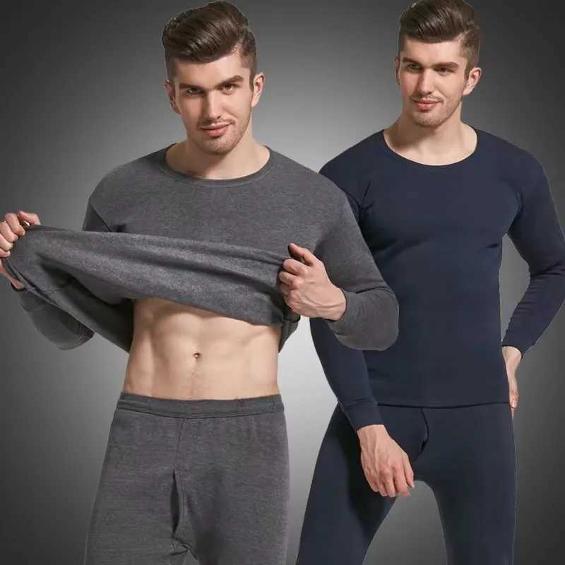 Mens autumn and winter velvet pajama set solid color thermal underwear round neck fleece thick pajama pants Y240913