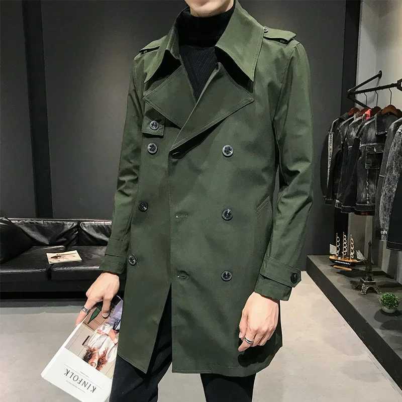 Coat Spring and Autumn Korean Style Mid-Length Slim Fit British Style Handsome Jacket Mens Casual Loose Double Breasted Trench Y240913