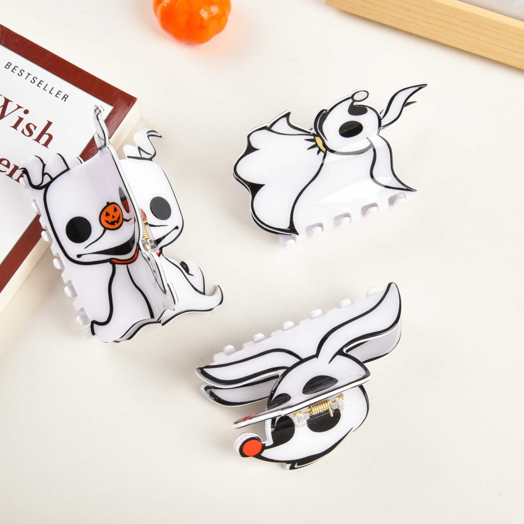 DS New Halloween White Ghost Print Acrylic Hair Claw Horror Series Claw Clip Crab Hair Clip for Women Girls Hair AccessoriesX240912