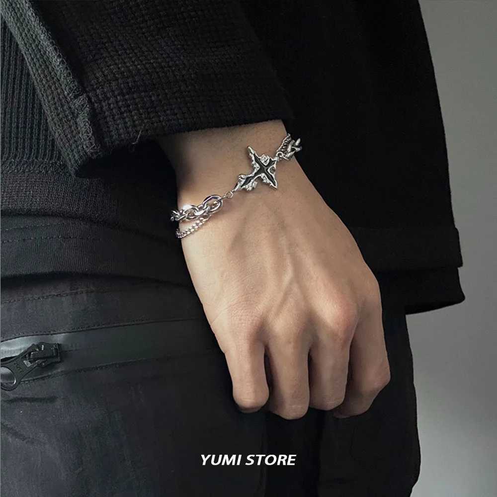 Retro Flame Cross Bracelet For Men Woman Hip Hop Titanium Steel Splice Chain Charm Unisex Jewelry Cool Kpop Luxury AccessoriesX240913