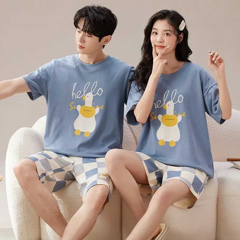 Cartoon Cute Summer Cotton Pajamas Set for Couples Women and Men Matching Sleepwear Short Sleeves Sleeping Top Shorts Pijamas Y240913