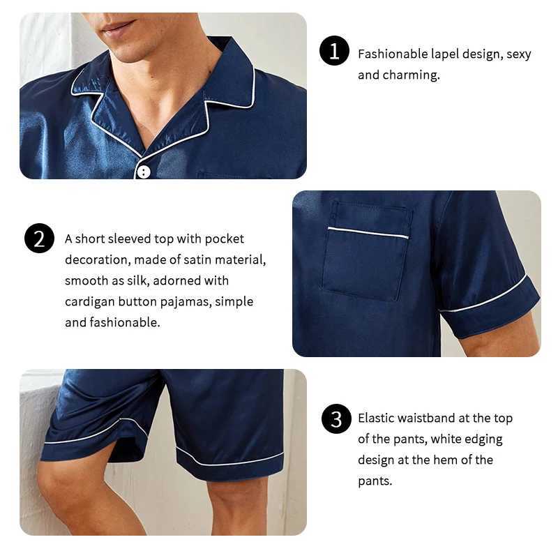 Mens Sleepwear Summer Classic Satin Loungewear Pijamas Short Sleeve Lapel Neck Button Up Top And Shorts Pajamas Set Nightwear Y240913