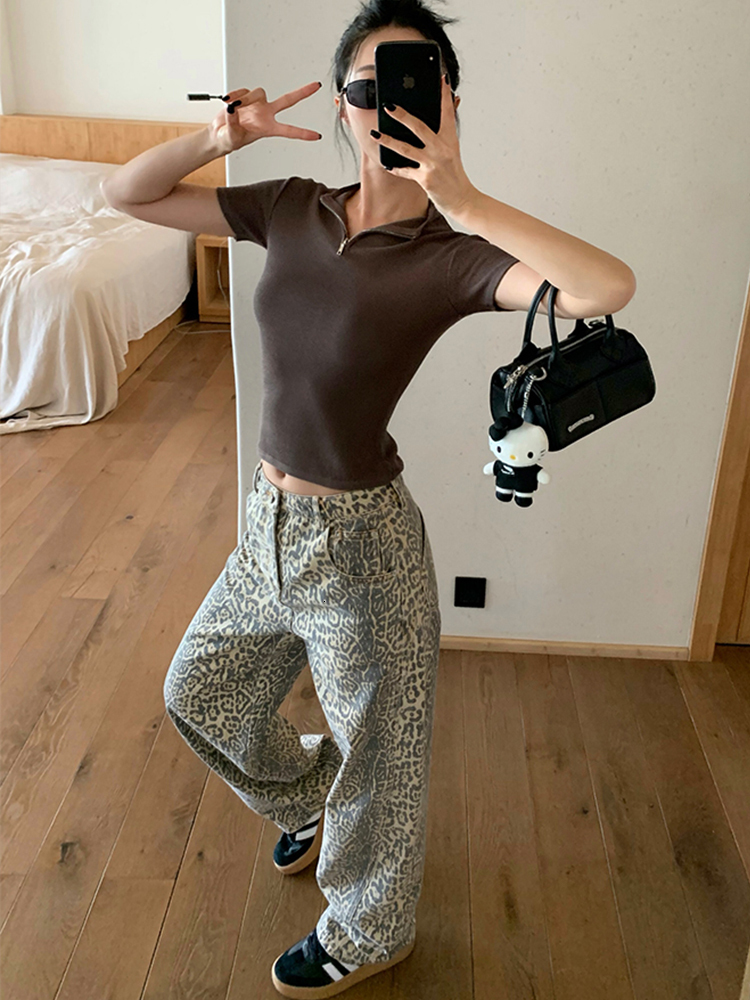 Gothic Women's Leopard Print Vintage Casual Streetwear High Waist Loose Trashy Pants Y2K Baggy Trouser Denim Jeans