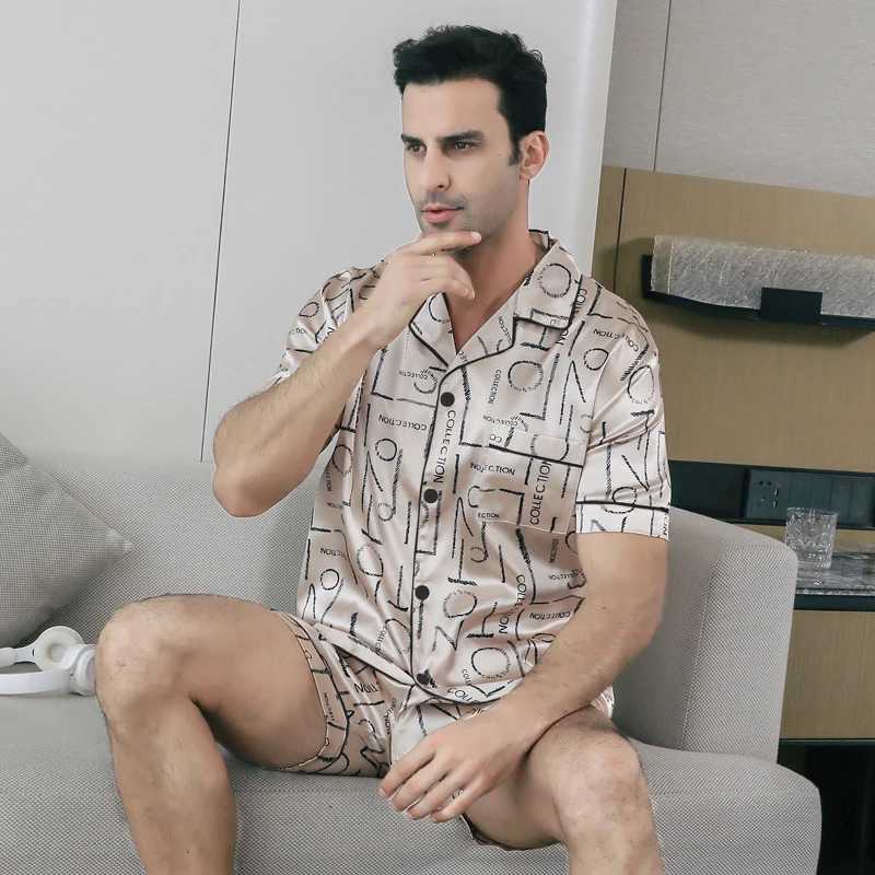 2-piece pajama mens summer short sleeved shorts with ice silk thin letter print lapel cardigan sleepwear home suit Y240913