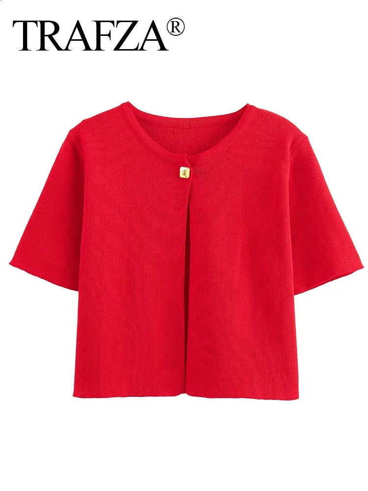 TRAFZA 2024 Women Thin Knitted Short Top Casual Solid ONeck Sleeves Single Button Sweater Cardigan Jacket Outwear 240910
