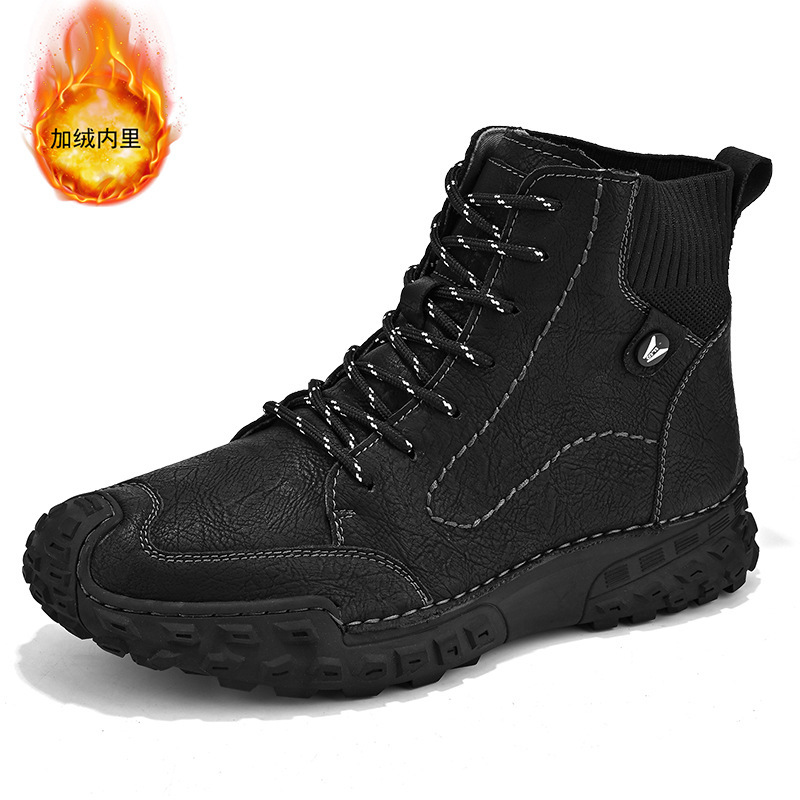 Winter plush Martin high top, lace up, warm cotton boots, men's casual oversized leather boots