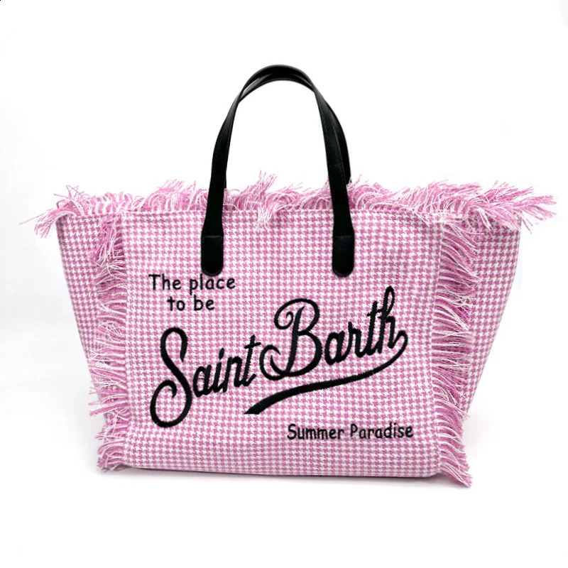 Fashionable Embroidered Letter Tassel Canvas Handbag Summer Beach Womens Bag Large Capacity Commuting Handbag Shopping Bag 240907