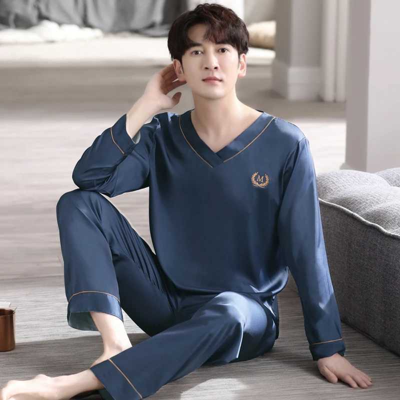 Men Pajamas Sets Silk Satin Pijamas Hombre V Collar Sleepwear Long Sleeve Spring Nightwear Male 2 Pieces Sets Homewear Y240913
