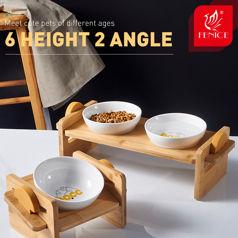 Fenice Cat Raised Bowl for Cats and Small Dog Adjustable Elevated Bamboo Stand Cats Food and Water Drinker Ceramic Bowls