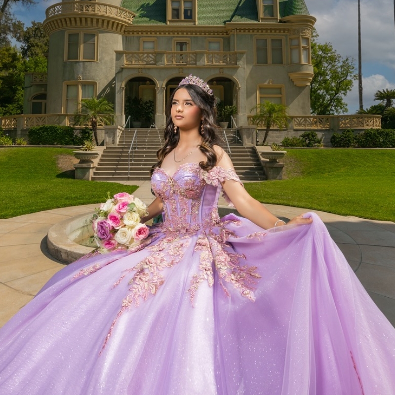 Lilac Quinceanera Ball Gown Shiny 3D ral Applique Bow Beading Tiered Tull Corset Sweet 16 Dress Vestidos De XV 15 Anos